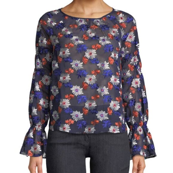 Ella Moss Floral Embroidered Long-Sleeve Sheer Blouse S - Picture 6 of 7